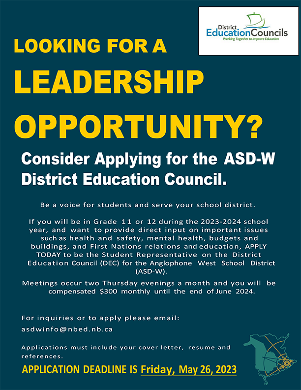 Flyer advertising for a student representative for the 2023-2024 ASD-W District Education Council (DEC).