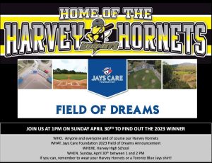 The graphic for the announcement of the Field of Dreams recipients live on Blue Jays Central, on Sunday, April 30 at Harvey High School, from 1 p.m.-2 p.m.